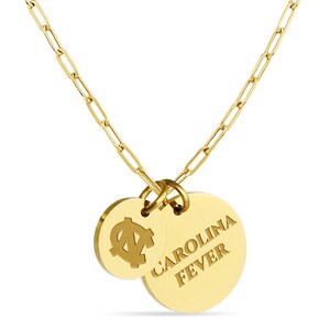 May include: Gold necklace with two charms. One charm features the University of North Carolina Tar Heels logo, and the other charm says "CAROLINA FEVER".