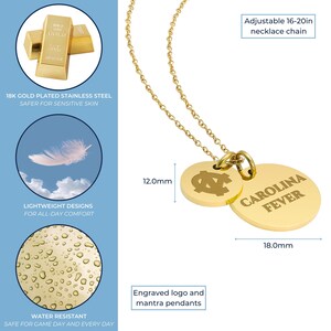 May include: Gold-tone necklace with two round pendants. The larger pendant is engraved with "CAROLINA FEVER" and the smaller pendant is engraved with a stylized "C" logo. The necklace is adjustable from 16 to 20 inches.