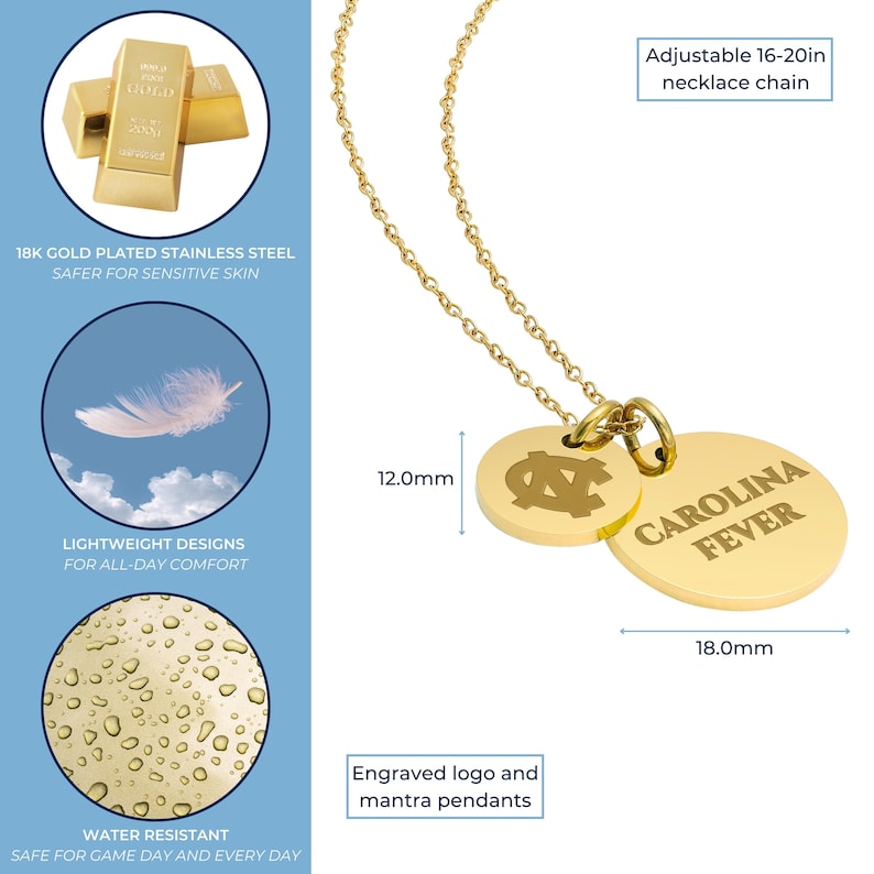 May include: Gold-tone necklace with two round pendants. The larger pendant is engraved with "CAROLINA FEVER" and the smaller pendant is engraved with a stylized "C" logo. The necklace is adjustable from 16 to 20 inches.