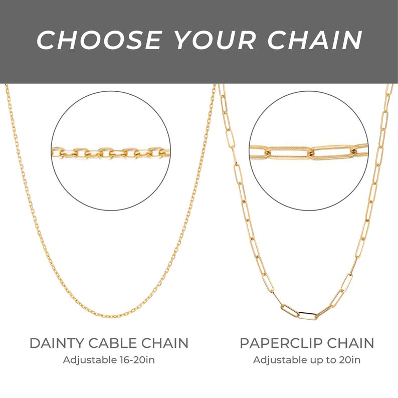 May include: Two gold chains, one with a dainty cable chain design and the other with a paperclip chain design. The chains are adjustable, the cable chain is adjustable from 16 to 20 inches and the paperclip chain is adjustable up to 20 inches.