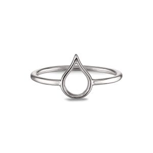 May include: A silver ring with a teardrop-shaped cutout. The ring is simple and delicate.
