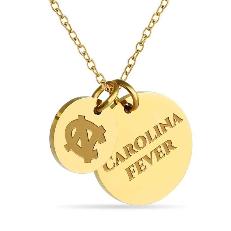 May include: Gold necklace with two round pendants. One pendant features the University of North Carolina Tar Heels logo, and the other pendant says "Carolina Fever".