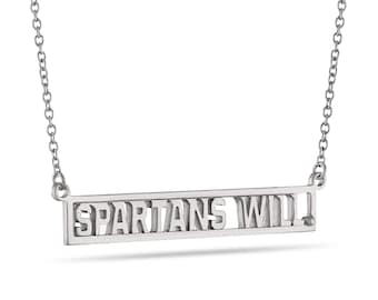 May include: Silver necklace with a rectangular pendant that says "SPARTANS WILL".