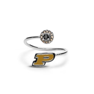 May include: A silver ring with a gold letter 'P' and a black stone surrounded by clear stones.