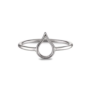 May include: A silver ring with a teardrop-shaped cutout. The ring is simple and delicate.