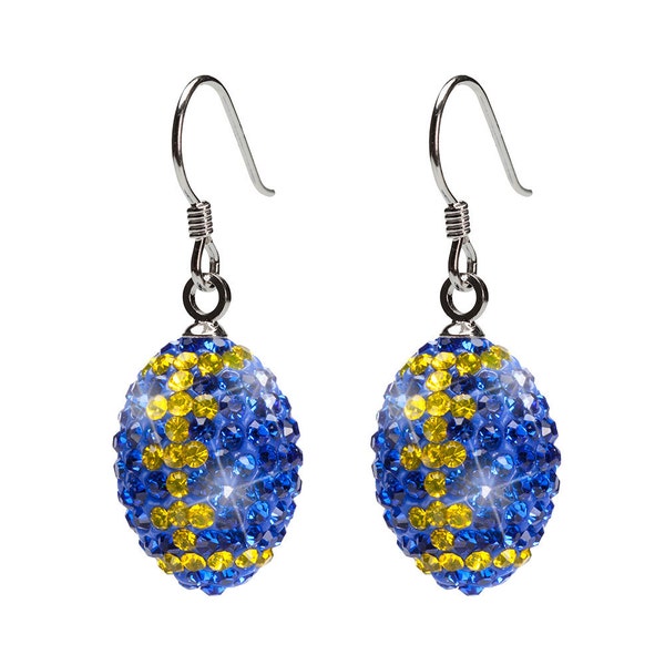 Blue and Yellow Striped Crystal Football Pendant Earrings