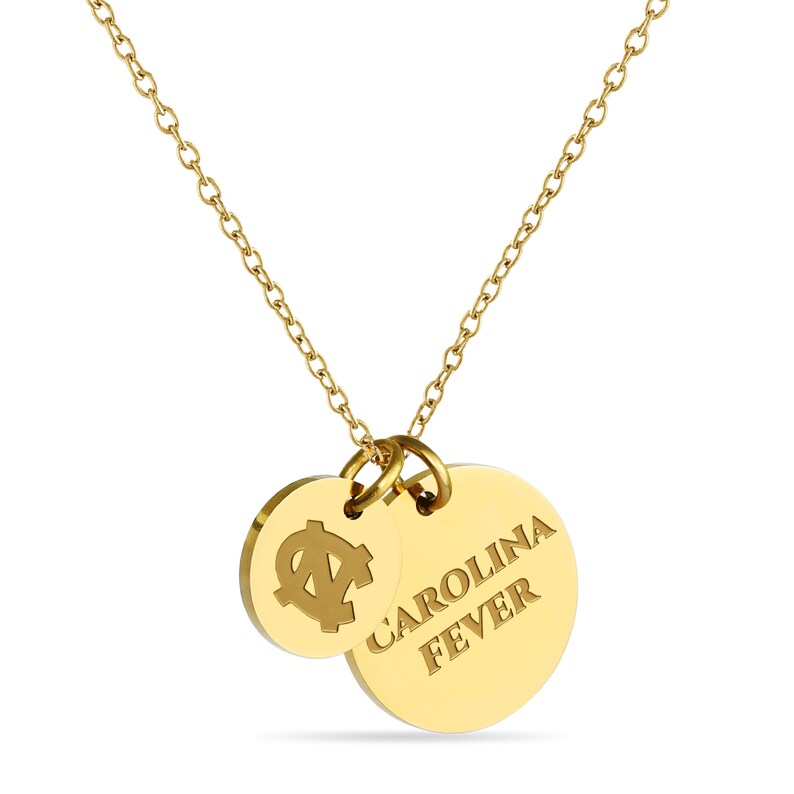 May include: Gold necklace with two charms. One charm has the University of North Carolina Tar Heels logo and the other charm says "Carolina Fever".