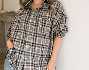 Gray Plaid Shirt Women, Oversized Cozy Everyday Shirt