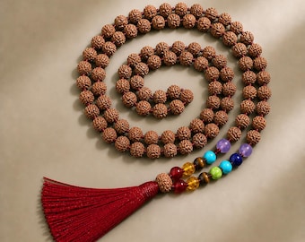 108 Beads Rudraksha Mala Necklace – Chakra Healing, Yoga Meditation Mala, Unisex Spiritual Jewelry