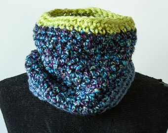 XS Blue & Lime Green Multicolor Crochet Cowl Neck Scarf