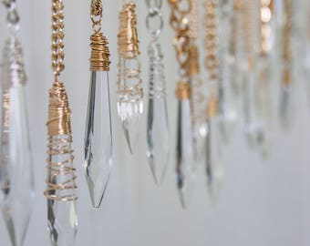 Vintage Chandelier Crystal Pendant Necklace, Gold Plain Wrap