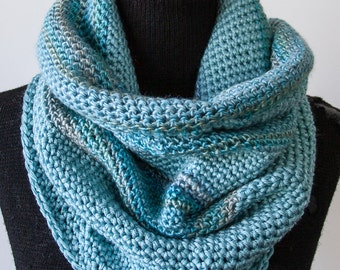 L Aqua Striped Crochet Cowl Neck Infinity Scarf