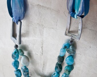 Blue Ribbon, Genuine Shell and Faux Turquoise Beaded Necklace