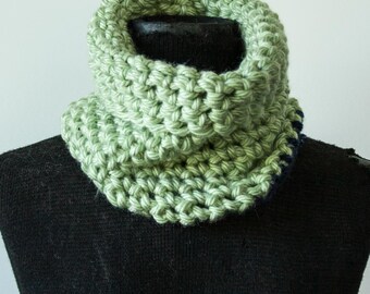 XS Lime Green Crochet Cowl Neck Scarf with Navy Stripe edge