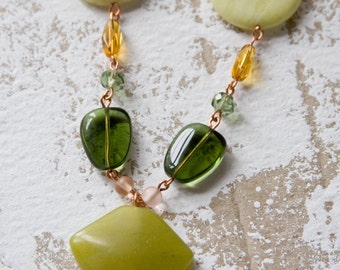 Lime Drop Semi Precious Stone and Glass Beaded Necklace