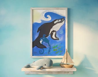 クジラの子供部屋用プリント｜海の不思議 海洋生物 ウォールアート（デジタルダウンロード）