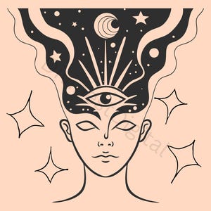 May include: A black and white illustration on a peach background. The image features a stylized human face with closed eyes, a third eye, and a cosmic design above the head. The text reads "VISUALISE THE LIFE YOU WANT TO HAVE."