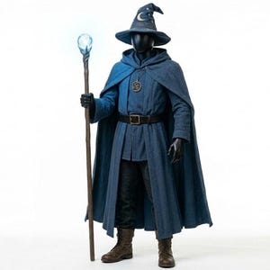 May include: A blue wizard costume with a matching hat, cape, and staff. The hat features a crescent moon design. The staff has a glowing orb at the top. The costume includes a belt, tunic, and boots. The outfit is displayed on a mannequin.