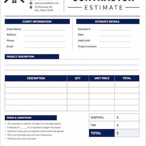 May include: A blue and white contractor estimate form. The form features sections for client information, estimate details, project description, and terms and conditions. The words "CONTRACTOR ESTIMATE" are displayed at the top in a bold font.