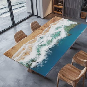 Epoxy Dining Table | Ocean Wave Resin Wood Table | Custom Beach House Furniture