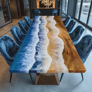 Epoxy Dining Table | Ocean Wave Resin Wood Table | Custom Beach House Furniture
