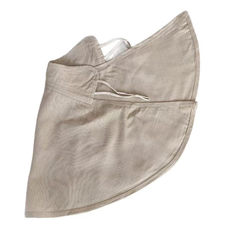 May include: A beige sun visor with a wide brim and a drawstring closure. The visor is made of a textured fabric and has a curved shape to provide shade. The design includes a strap to secure it to the head.