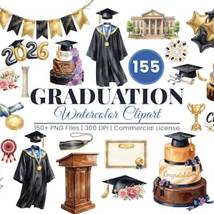 Puede incluir: Conjunto de imágenes prediseñadas de acuarela con temas de graduación. Incluye togas, birretes, diplomas, pasteles, globos y pancartas en oro, negro y azul. El texto incluye "GRADUATION", "2026" y "Enhorabuena".