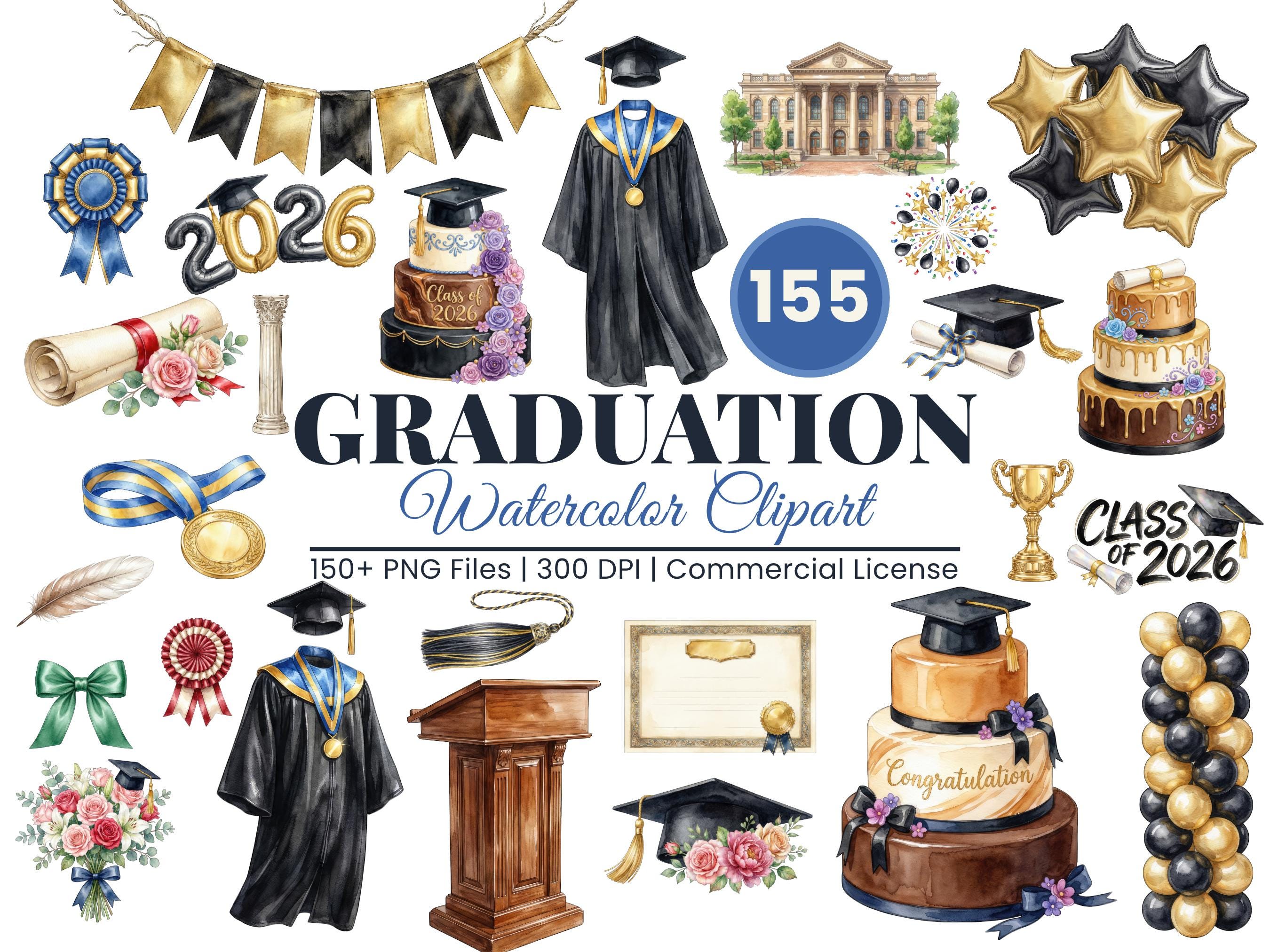 Graduation Watercolor Clipart Bundle 150+ PNG, Senior Class of 2026 ...