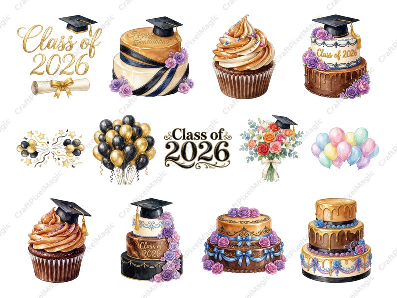 Graduation Watercolor Clipart Bundle 150+ PNG, Senior Class of 2026 ...
