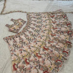 ブラッシュピーチのフローラル刺繍入りネットレヘンガチョリセット：スパンコール、ドリー、糸刺繍（カスタムサイズ対応）