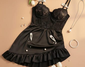 Sheer Lace Lingerie Set for Women | Underwire Bra & Nightdress | Delicate See Through Sleepwear