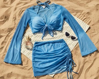 Y2K Tie Dye Bikini Set 4 Piece, Long Sleeve Swimwear, Pleated Skirt Beach Outfit