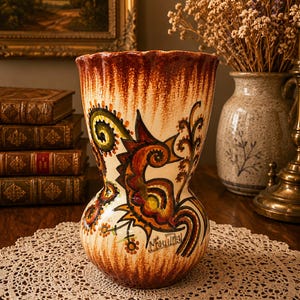 Peut inclure: Un vase en céramique vintage avec une base crème et des accents marron. Le vase présente un motif floral coloré en orange, jaune et vert. Le vase a une forme unique et est probablement une pièce décorative pour la maison.