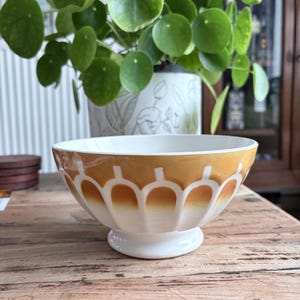 Peut inclure: Un bol en céramique avec un intérieur blanc et un extérieur brun doré orné d'un motif d'arches blanches répétitives. Le bol présente une forme arrondie et repose sur une petite base circulaire en piédestal, avec une finition lisse et brillante.