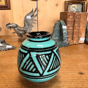 Paul Jacquet Art Deco Ceramic Vase, Signed French Pottery, Turquoise Geometric Design, 1930s Ceramic Vessel, Collectible French Art Pottery