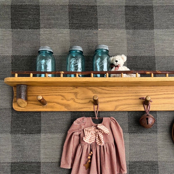 Cabin Style Wall Shelf 48" Solid Oak with 4 Pegs Coat Hat Rack Primitive Country Home Farmhouse Decor