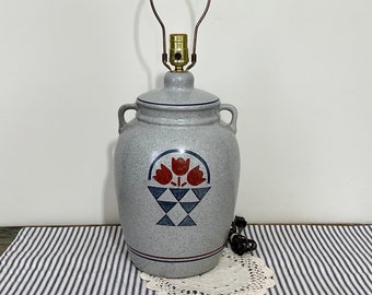 Lamp Crock Jug Lamp Blue Gray Ceramic Pottery Jar 3 Way Table Lamp in the Tulip Basket Design ~ Lamp Only ~ No Shade Included