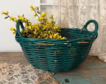 Vintage Green Woven Wicker Basket Magazine Storage or Small Laundry Basket Country Decor 18 inches across x 8 3/4 inches high