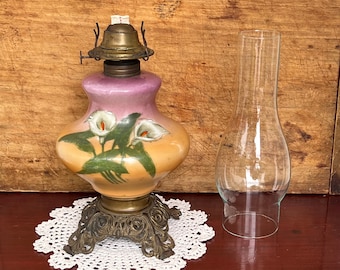 Vintage Oil Lamp Hand Painted with 2 Calla Lillys on Pink 19 3/4&quot; Tall with Chimney - Eagle Burner P & A Mfg. Company Waterbury Conn. U.S.A.