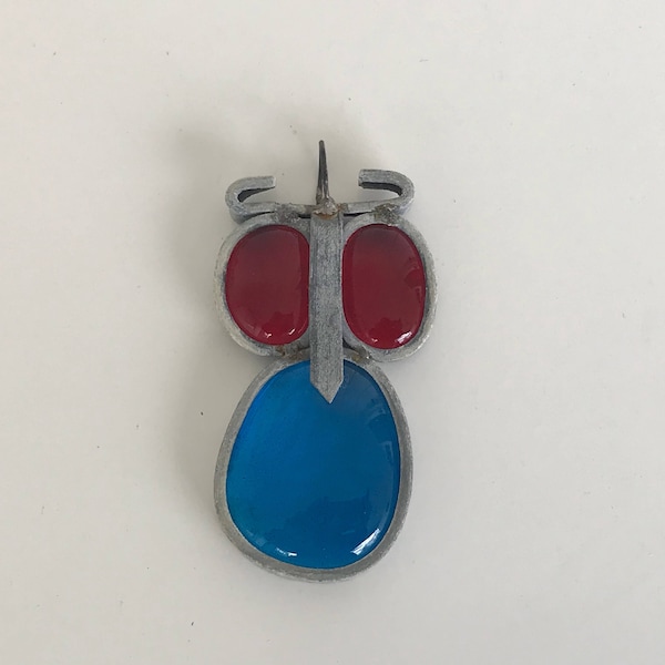 Vintage Necklace or Stained Glass Owl Window Decor Stain Glass Red & Blue With Hook  3 3/4" x 1 1/2" 50 Years Old
