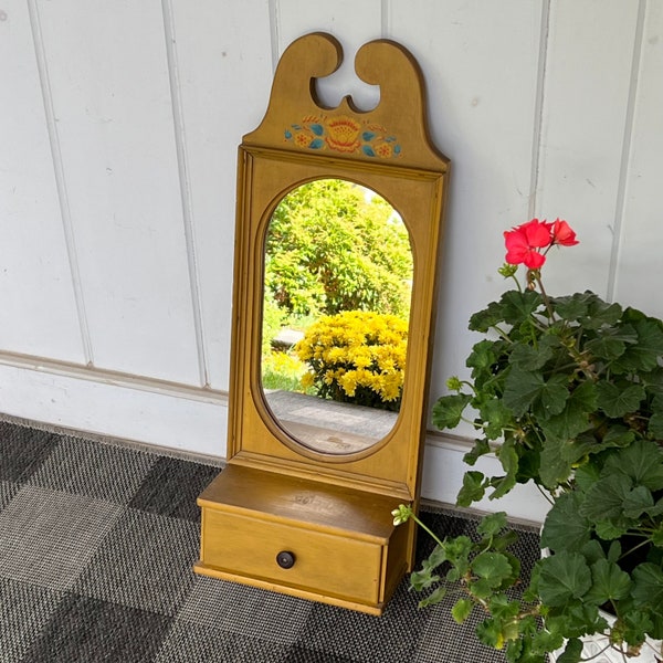 Wall Mirror Pennsylvania Dutch Folk Art Mirror w/ One Drawer Yorkraft Inc. (York, PA) Gold Wooden Hanging Mirror 9 1/2" wide x 26 1/2" tall