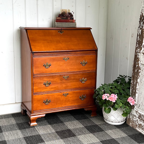 Secretary Desk, Three Drawer Drop Front Dresser w Brass Hardware, One Working Key, Chest of Drawers 36 1/2" tall x 29" wide x 15 1/2" deep