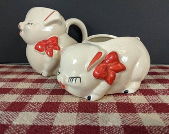 Vintage Shawnee Sugar Bowl and Creamer Cute Pig with Red Bow NOT PERFECT