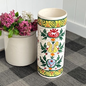 Vintage Umbrella Stand Porcelain from Spain Umbrella Holder 18&quot; x 7 3/8” Painted Flowers &quot;Spain 3207&quot; Planter