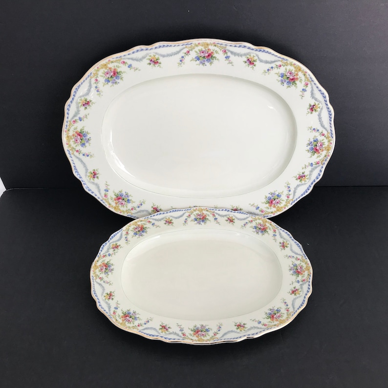 2 Oval Serving Plates Leonora Pattern by Franconia-Krautheim Selb Bavaria Germany Fine China Floral Blue Green Red Gold 11 34 and 15