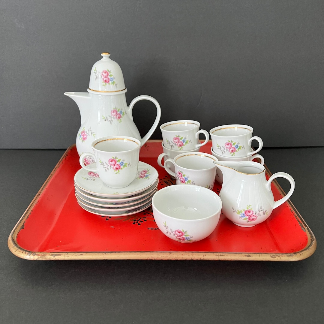 Vintage Tea Set Pink Roses, Green, Gray Leaves W/ Gold Trim by