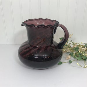 Vintage Blenko Glass Purple Amethyst Swirl Pitcher / Vase 7&quot; tall x 7 1/2&quot; wide Hand Blown