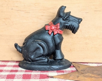 Vintage Cast Iron Scottie Dog Door Stop Black with a Painted Red Bow Metal Country House Cottage Doorstop Bookend Paper Weight Home Decor