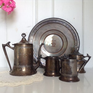 Antique Silver Sheffield Plate 851 6 pc Coffee/Tea Set Tray Sugar Bowl Creamer Chocolate Set Silverplate Monogramed G