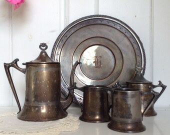 Antique Silver Sheffield Plate 851 6 pc Coffee/Tea Set Tray Sugar Bowl Creamer Chocolate Set Silverplate Monogramed G